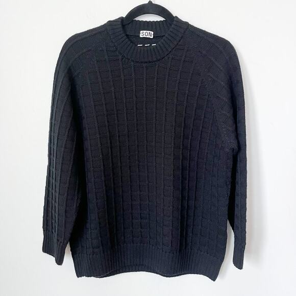 Son of a Tailor Check Knit Sweater Custom Black 3D Knit Merino Wool Classic - Picture 3 of 12